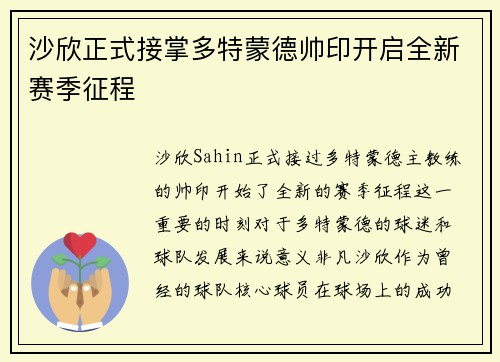 沙欣正式接掌多特蒙德帅印开启全新赛季征程